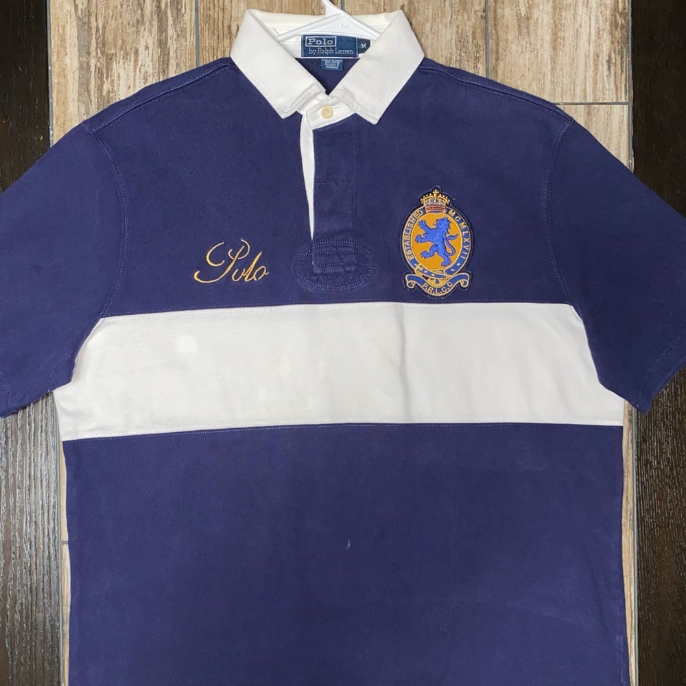 Ralph Lauren Polo Shirt Mens Medium Navy Crown Crest Logo Rugby Striped